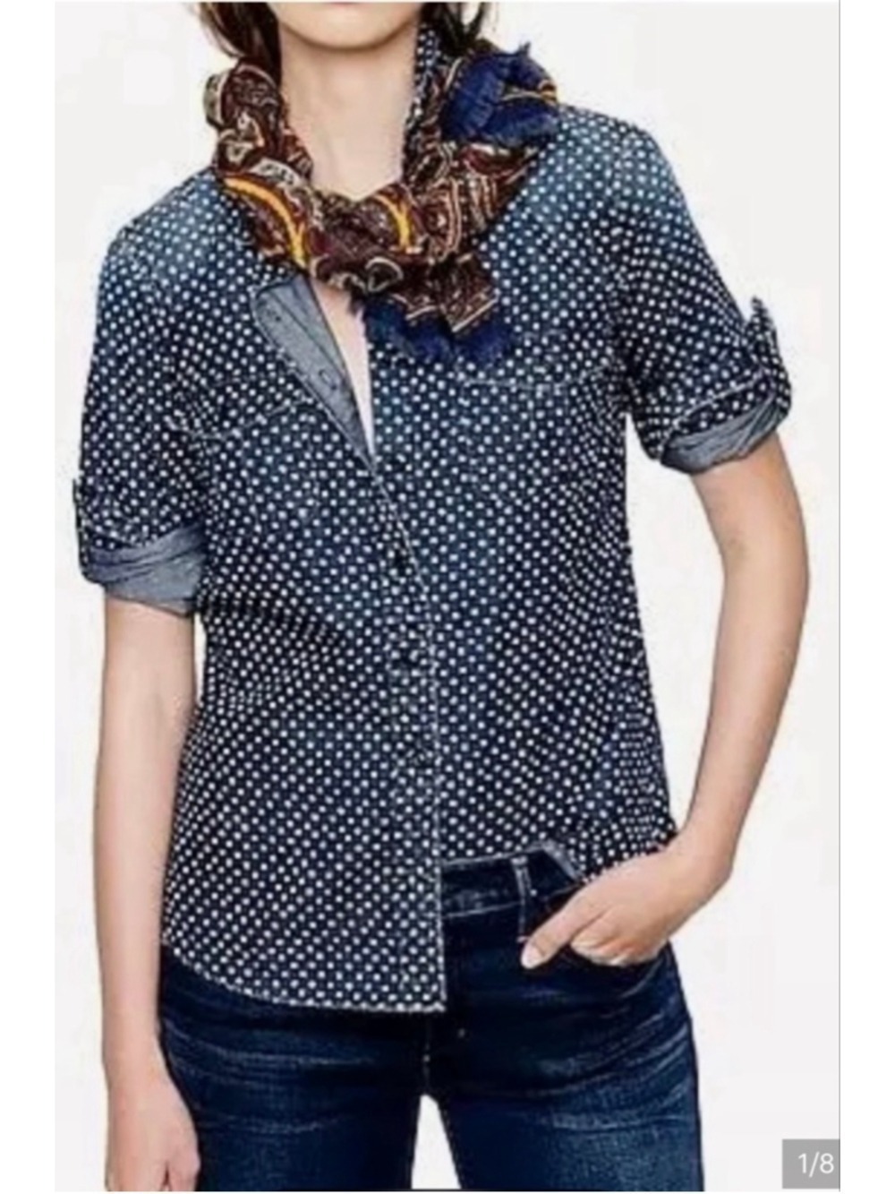 Women's J. Crew Blue White Star Print Denim Button Down Shirt Size 2